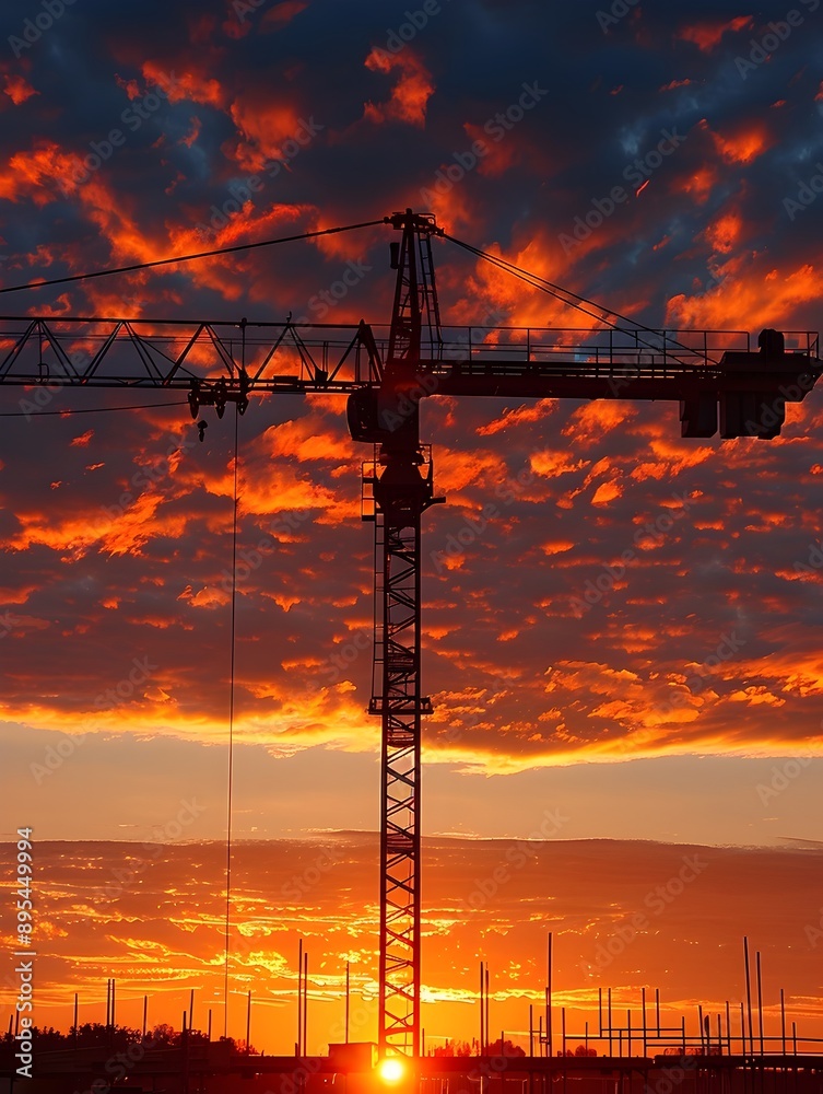 Naklejka premium Dramatic Construction Crane Silhouetted Against Fiery Sunset Skyline