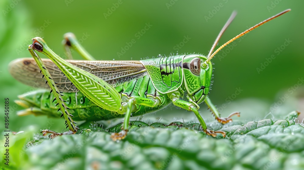 Macro shot of a grasshopper on a green leaf, with a blurred backdrop. Macro shot of a grasshopper on a green leaf, with a blurred backdrop.