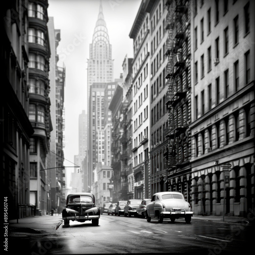 photograph of the grayscale cityscape vintage buildings,30s, 40s,. AI generative.