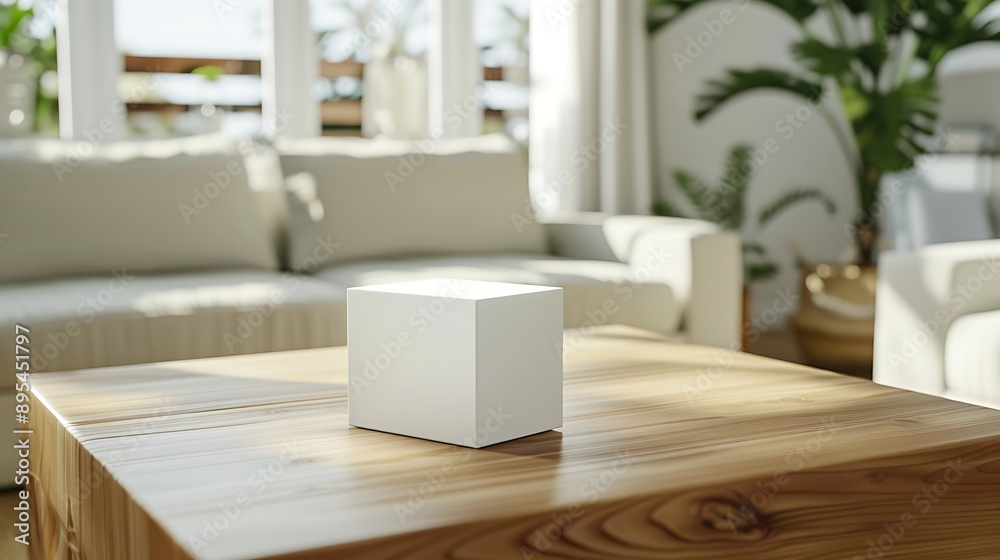 White Box on Wooden Table in Modern Living Room White Box on Wooden Table in Modern Living Room