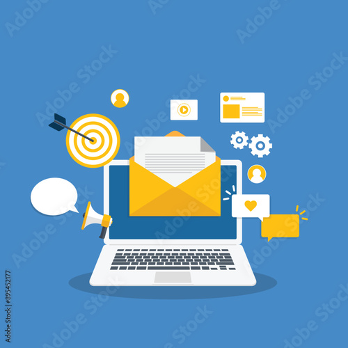 Digital email marketing. Reaching online audience with email marketing campaign, newsletter subscription. Sending marketing messages via email. Vector illustration	