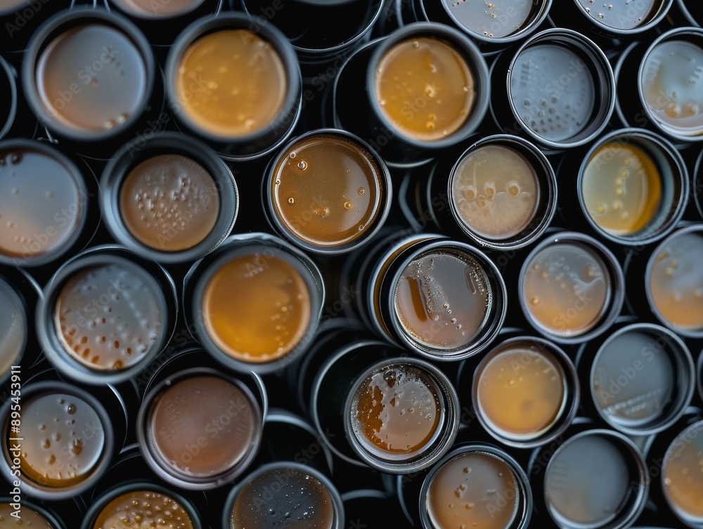 Overhead View of Various Brown Liquid Containers with Condensation; Daytime, Abstract, Close-Up, Detailed Overhead View of Various Brown Liquid Containers with Condensation; Daytime, Abstract, Close-Up, Detailed