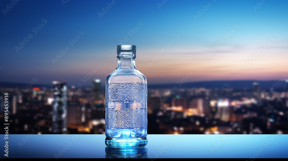 clear glass bottle sparkling mineral water with blurred cityscape view