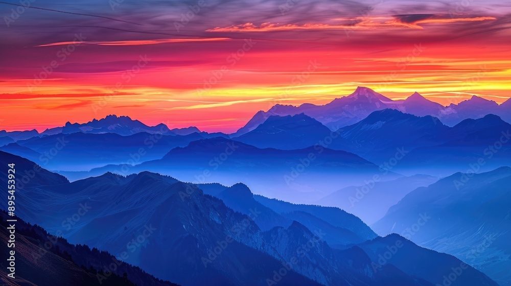 Majestic Sunrise Over Scenic Mountain Range: A stunning panoramic view of mountains bathed in the glow of sunrise, with vibrant colorful skies.