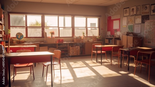 Empty Classroom with Sunlight Shining Through Windows