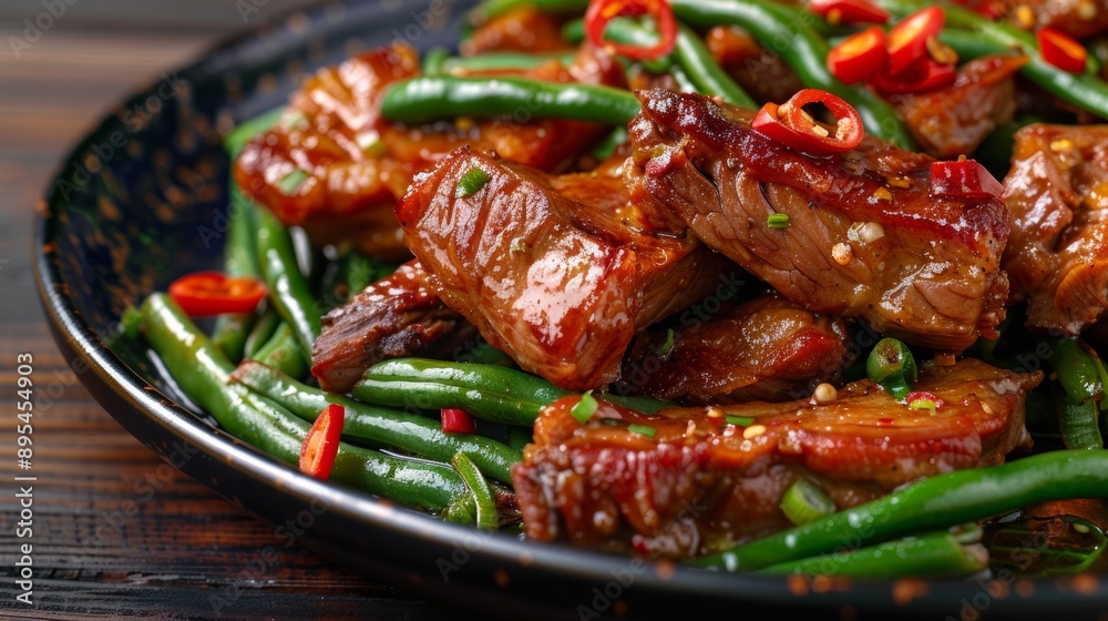 The national cuisine of Thailand. Roast pork with green beans. The national cuisine of Thailand. Roast pork with green beans.