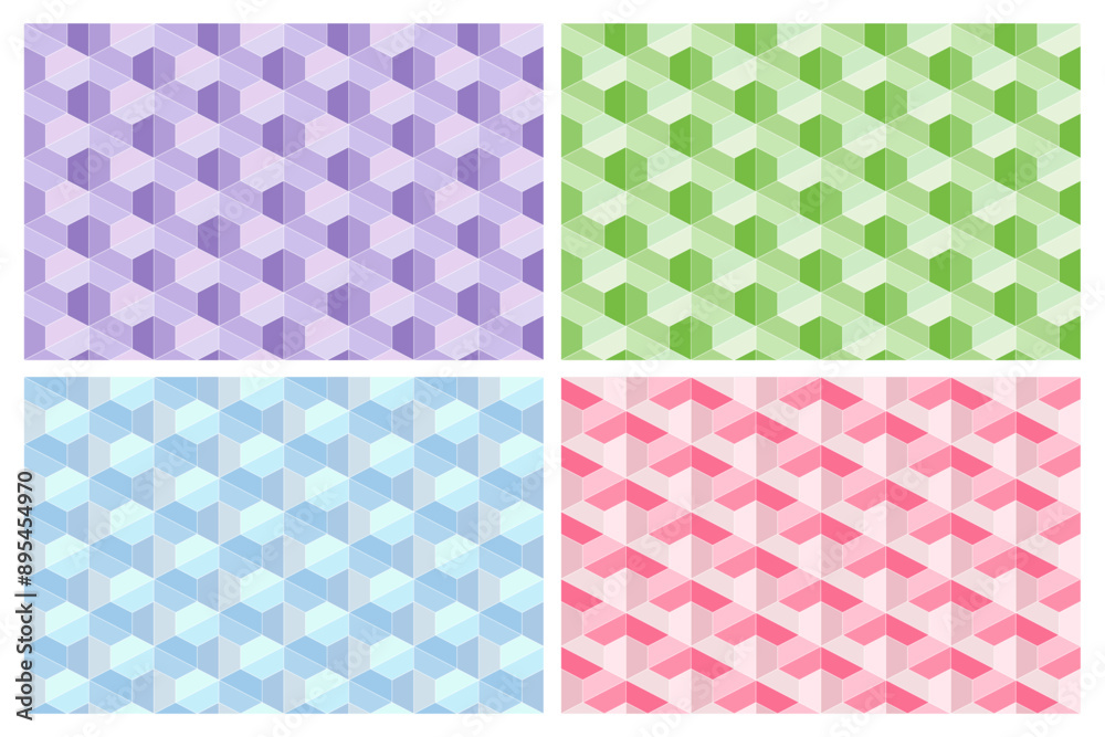 Set of 4 seamless geometric patterns in pink, blue, green and purple for wallpaper and textile design. Set of 4 seamless geometric patterns in pink, blue, green and purple for wallpaper and textile design.