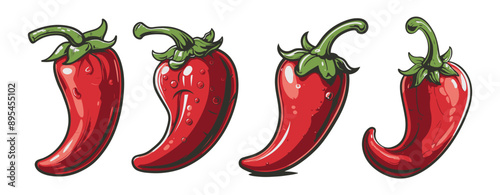 Red chili pepper with green stem and leaves cartoon ilustration ,generative ai