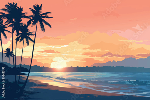 Tropical sunset beach landscape illustration