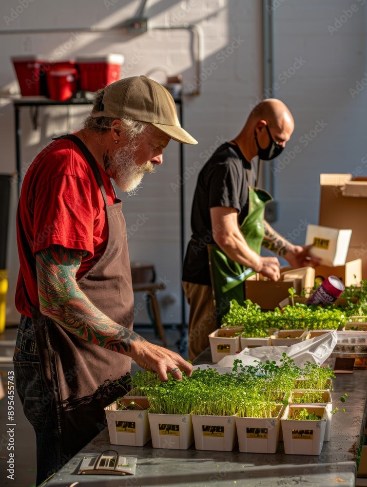 Diverse Volunteers Preparing Microgreens for Distribution to Those in Need in Bright Room, Emphasizing Support and Solidarity Diverse Volunteers Preparing Microgreens for Distribution to Those in Need in Bright Room, Emphasizing Support and Solidarity