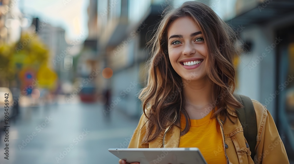 Obraz premium Cheerful Professional Woman Holding Tablet in City Street