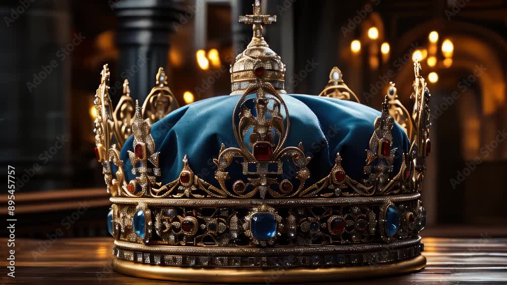Golden crown with blue velvet Golden crown with blue velvet