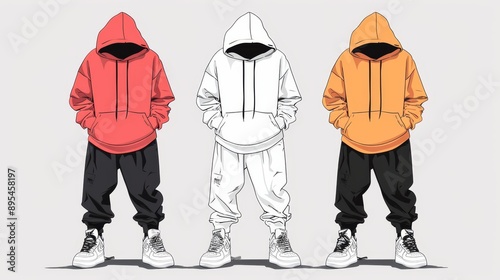 Detailed drawing of a modern streetwear outfit, with oversized hoodies, baggy jeans, and bold graphic prints, capturing urban culture and contemporary trends