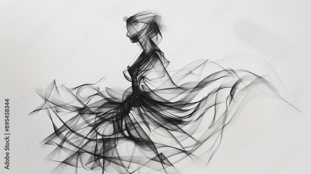 Fototapeta premium Charcoal sketch of a fashion model, avant-garde dress with elaborate patterns, fluid lines capturing movement, sophisticated and edgy