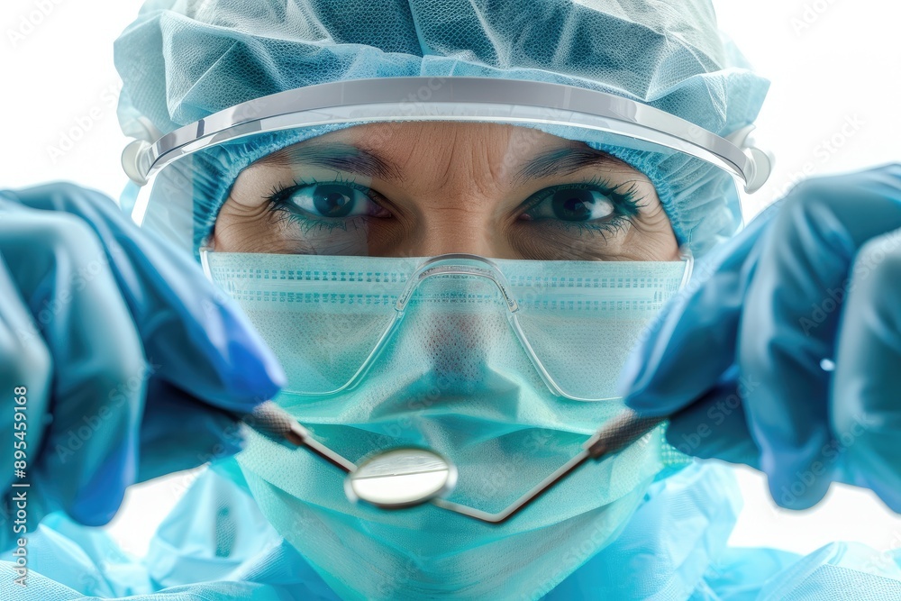 Close-up of a dentist in surgical gear holding dental tools, focused on patient care and hygiene in a clinical environment. Close-up of a dentist in surgical gear holding dental tools, focused on patient care and hygiene in a clinical environment.