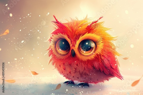 Digital artwork of a cute, fluffy, orange owl with large eyes in a dreamy, whimsical setting with subtle falling leaves.