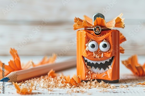 Pencil sharpener with a playful face and pencil shavings around it, creating a fun and creative scene on a wooden table. photo