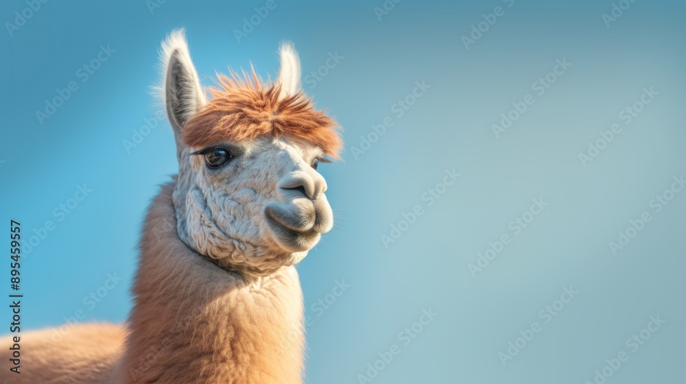 Obraz premium Close-up portrait of a fluffy alpaca against a blue sky