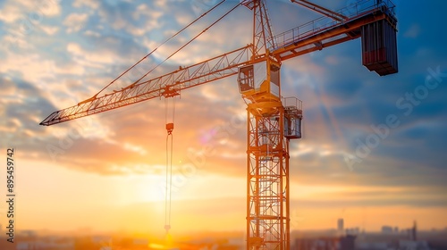 Majestic Crane Silhouetted Against Vibrant Sunset Cityscape