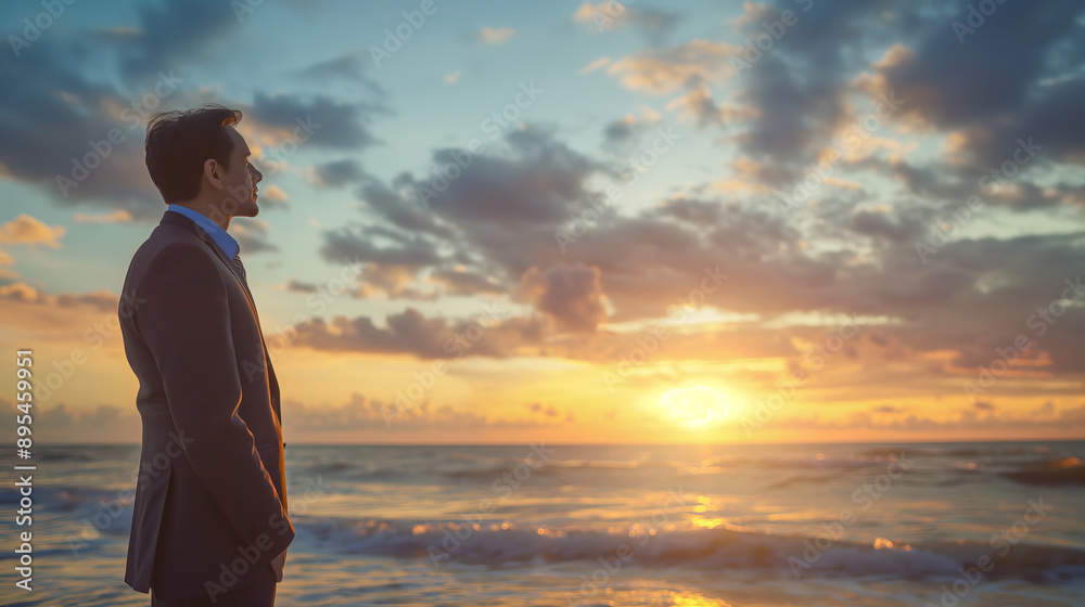 Businessman Contemplating at Sunset by the Ocean, Serene, Reflective Businessman Contemplating at Sunset by the Ocean, Serene, Reflective