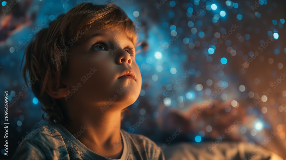 Little Boy Dreaming Under a Starry Night Sky, Surreal, Imaginative Little Boy Dreaming Under a Starry Night Sky, Surreal, Imaginative