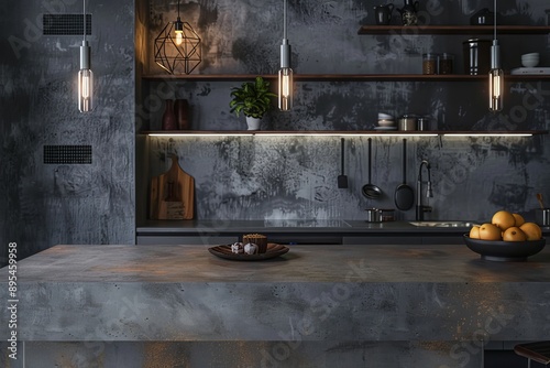 Interior of stylish kitchen with gray walls, concrete floor, gray countertops and dark wooden cupboards.