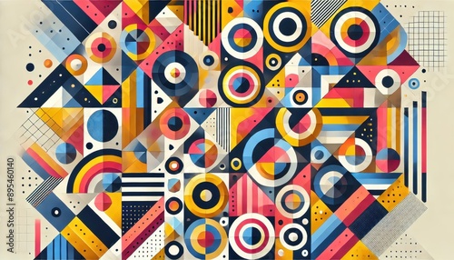 Abstract Geometric Pattern Colorful Circles, Triangles, and Squares.