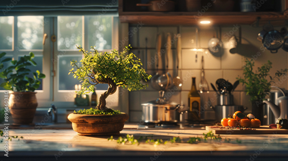 A bonsai tree in a decorative clay pot, arranged on a quaint kitchen counter surrounded by fresh herbs and warm, homey lighting, evoking a cozy and inviting atmosphere, depicted in UHD 8k as A bonsai tree in a decorative clay pot, arranged on a quaint kitchen counter surrounded by fresh herbs and warm, homey lighting, evoking a cozy and inviting atmosphere, depicted in UHD 8k as