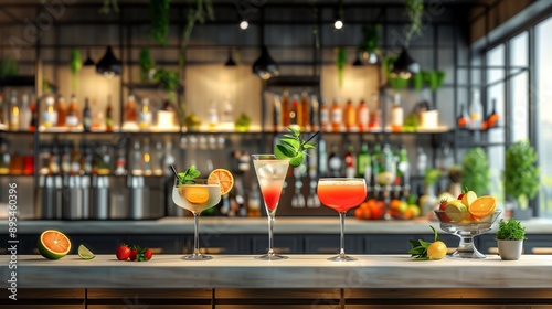 A vibrant display of various cocktails arranged on a wooden bar counter in a modern, stylish bar setting.