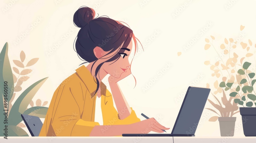 a girl working on a laptop in an office a girl working on a laptop in an office