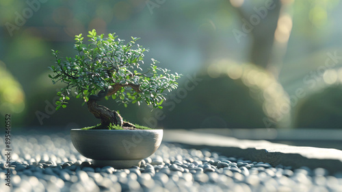 A bonsai tree in a minimalist pot, situated in a calming zen garden with smooth pebbles and soft ambient light, creating a serene and meditative environment, captured in UHD 8k detail as a masterpiece