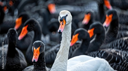 Close-Up of White Swan Among Black Swans, Symbolizing Distinctive Leadership photo