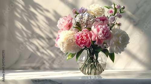 Fototapeta Naklejka Na Ścianę i Meble -  Stunning bouquet of peonies and hydrangeas in a clear vase, arranged on a marble countertop with soft lighting, rendered in UHD as a masterpiece 