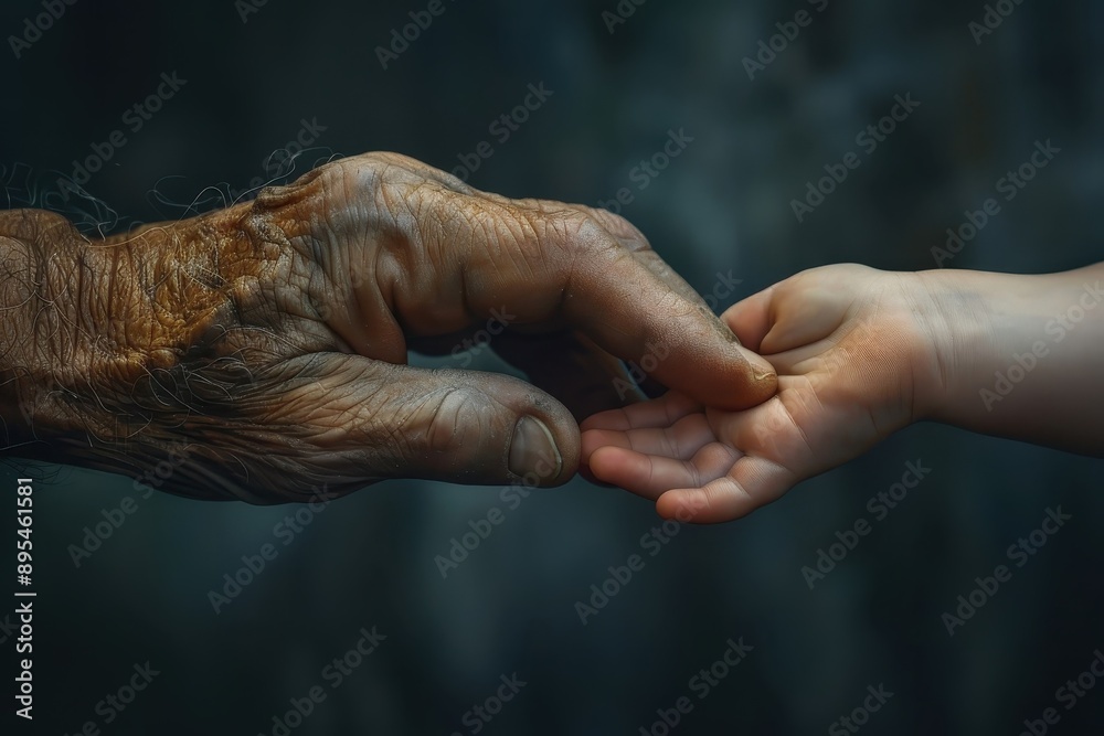 Fototapeta premium Weathered hand holding a newborn's tiny hand.