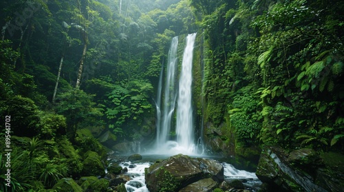 A cascading waterfall in a lush tropical forest with vibrant greenery