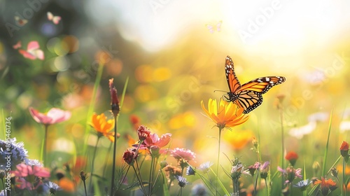 A close-up of a vibrant orange butterfly resting on a yellow flower in a summer meadow
