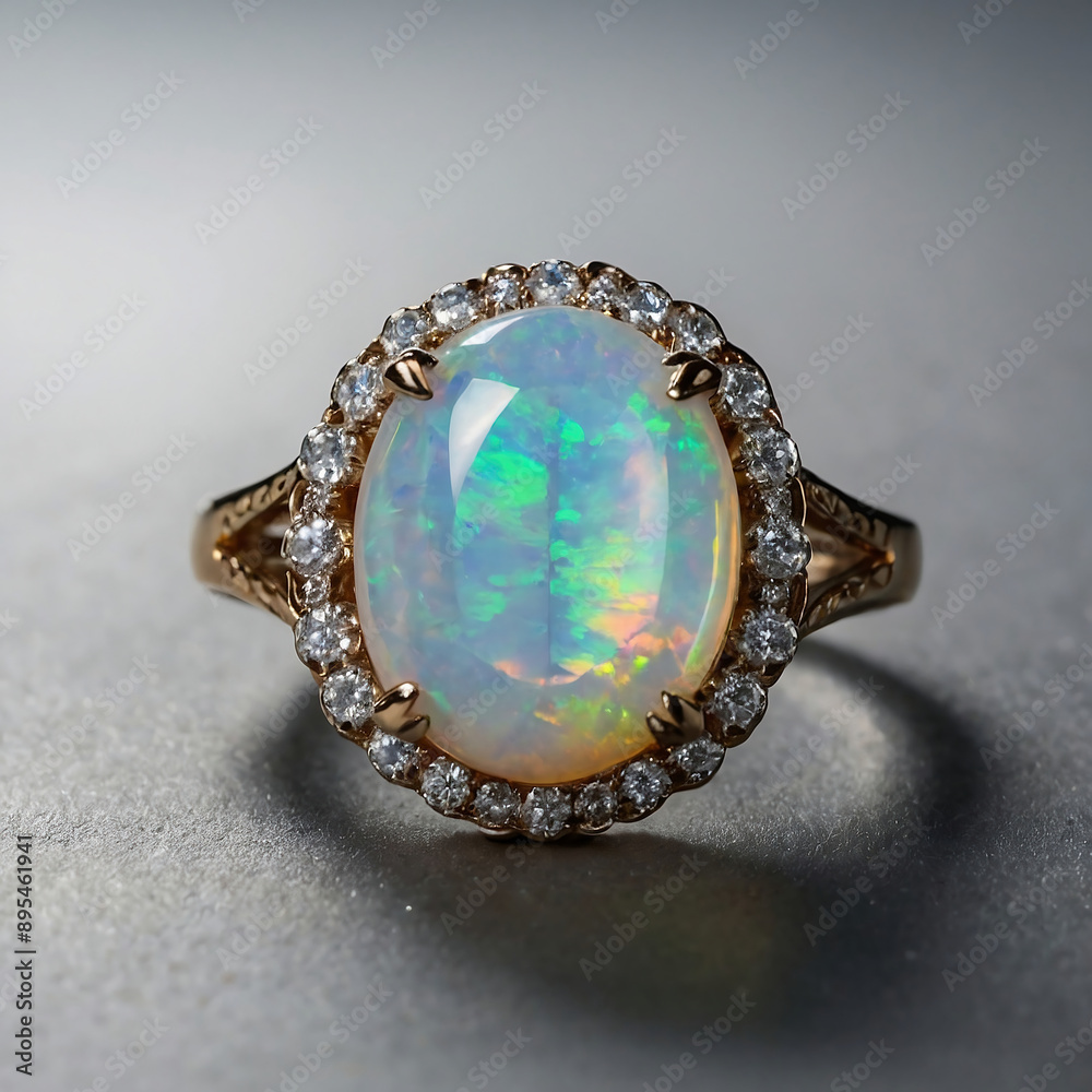 luxury gold accessories iridescent opal ring encrested with diamonds gemstone on a white background luxury gold accessories iridescent opal ring encrested with diamonds gemstone on a white background