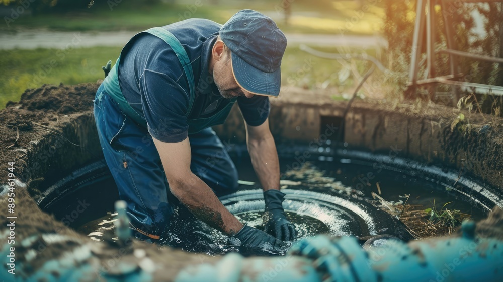 Professional Cleaning of Septic Tank by Man for Sewage Service Professional Cleaning of Septic Tank by Man for Sewage Service