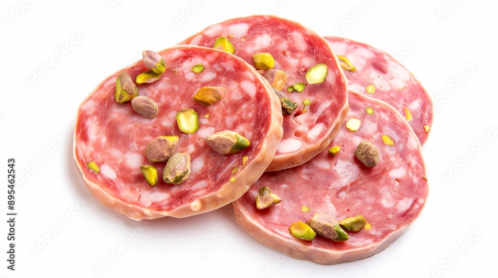 Sliced Mortadella with Pistachios on White Background Sliced Mortadella with Pistachios on White Background