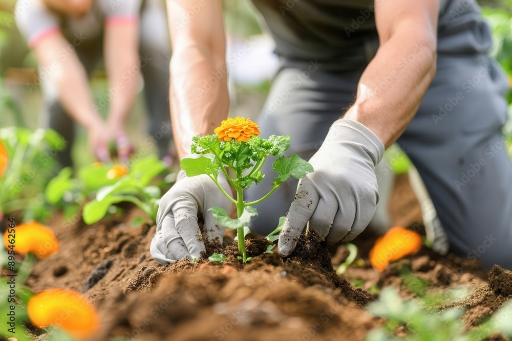 Fototapeta premium A gardener plants a vibrant marigold flower in rich soil, showcasing dedication and love for nature in a sunny garden.