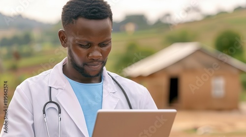 A healthcare professional reviews medical data on a tablet in a rural setting, showcasing modern technology in remote areas.