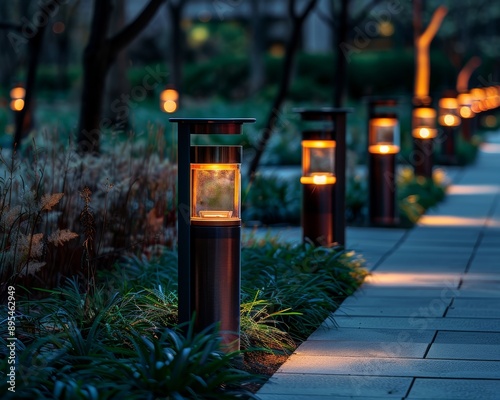 Elegant solar path lights in gold, bronze, teal, and orange illuminate sidewalk with rustic charm