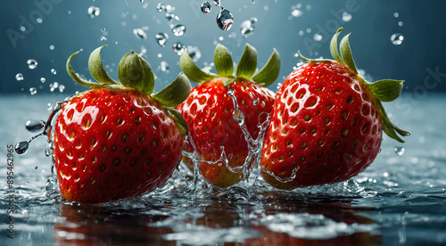 Show the precision of a water jet slicing through a fruit like a strawberry, with droplets and slices suspended in mid-air photo