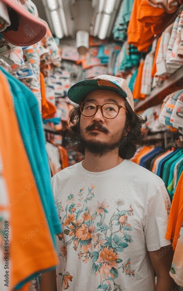 Young Adult Asian Male Trying on Bright Fashion Clothing in Store Showcasing Diverse Styles and Fashion Inclusivity in Natural Light