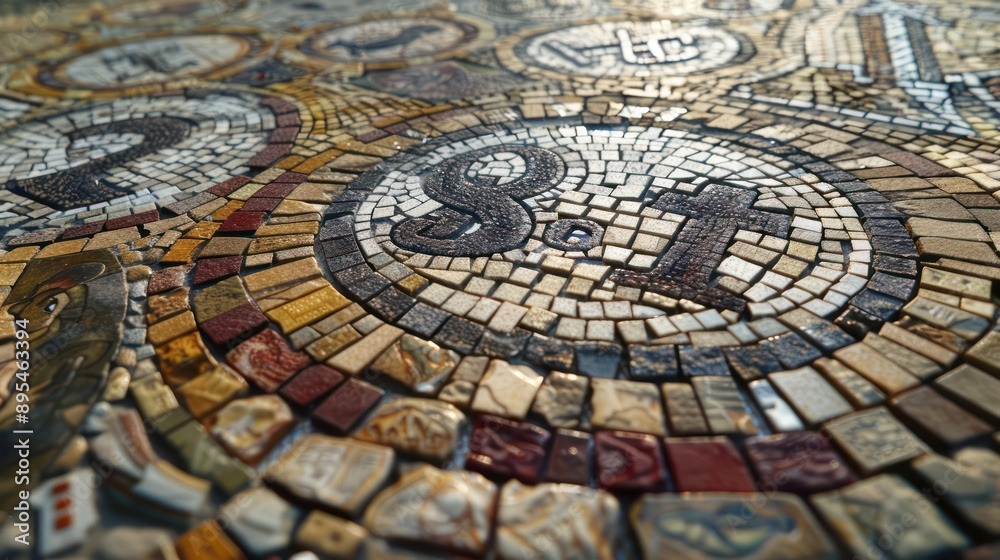 close-up of a handcrafted mosaic depicting various financial symbols and budgetary terms, embedded in a public square close-up of a handcrafted mosaic depicting various financial symbols and budgetary terms, embedded in a public square