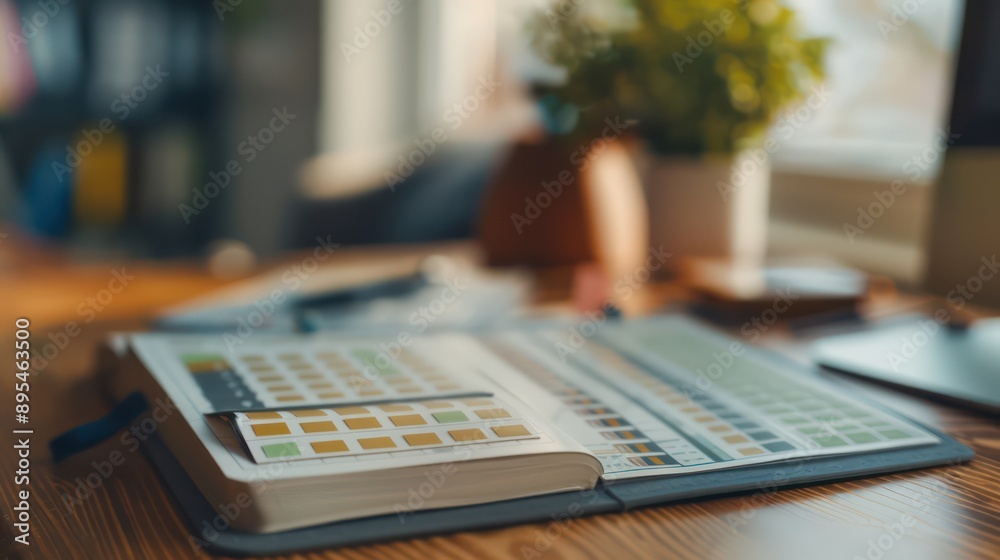 close-up of a meticulously organized budget planner with tabs for different financial categories, sitting on a modern wooden desk close-up of a meticulously organized budget planner with tabs for different financial categories, sitting on a modern wooden desk