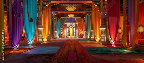 A colorful Navaratri mandap with intricate designs, vibrant fabrics, and traditional lighting, creating a grand festive setting. photo