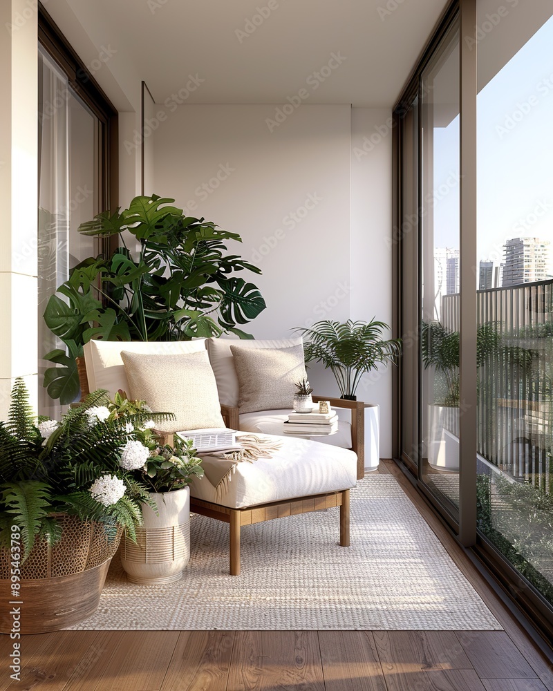 Fototapeta premium Beautiful balcony or terrace with wooden floor, chair, green potted flowers plants city background