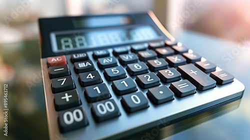 close-up of a modern financial calculator with dynamic budget calculations displayed on its screen, on a reflective surface