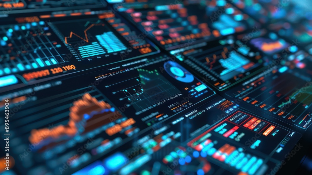 Fototapeta premium close-up of a modern, high-tech financial terminal with streaming data and analytics, displayed on multiple overlapping screens